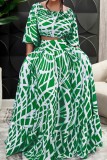 Light Green Casual Print Patchwork O Neck Half Sleeve Two Pieces