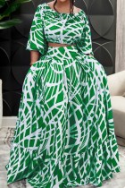 Green Casual Print Patchwork O Neck Half Sleeve Two Pieces