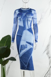 Blue Street Geometric Patchwork Slit O Neck One Step Skirt Dresses