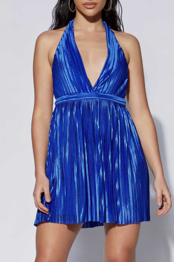 Blue Sexy Casual Solid Backless Halter Pleated Dresses