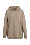 Deep Coffee Casual Solid Basic Hooded Collar Tops