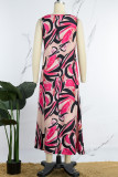 Pink Casual Print Basic V Neck Long Dress Dresses