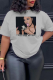 Light Gray Street Vintage Print Patchwork O Neck T-Shirts