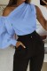 Blue Casual Solid Asymmetrical Oblique Collar Tops