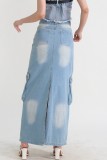 Baby Blue Casual Patchwork Basic Regular High Waist Conventional Patchwork Skirts