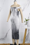 Grey Casual Print Backless Off the Shoulder One Step Skirt Dresses
