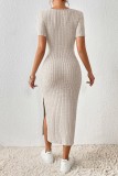 Light Gray Casual Solid Slit Square Collar Short Sleeve Dress