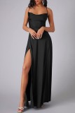Black Sexy Casual Solid Backless Cross Straps Slit Spaghetti Strap Long Dress Dresses