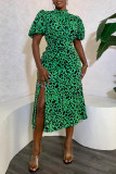 Pink Casual Print Slit Half A Turtleneck Short Sleeve Dress
