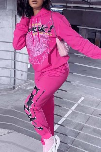 Rose Red Casual Print Letter Hooded Collar Long Sleeve Two Pieces