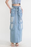 Baby Blue Casual Patchwork Basic Regular High Waist Conventional Patchwork Skirts