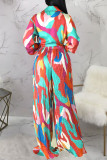 Multicolor Sexy Print Patchwork Frenulum Fold Turndown Collar Long Sleeve Two Pieces