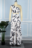 White Casual Print Backless Slit Oblique Collar Sleeveless Two Pieces