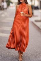 Tangerine Red Casual Print Solid Pleated Half A Turtleneck Sleeveless Dress Dresses