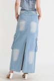 Baby Blue Casual Patchwork Basic Regular High Waist Conventional Patchwork Skirts