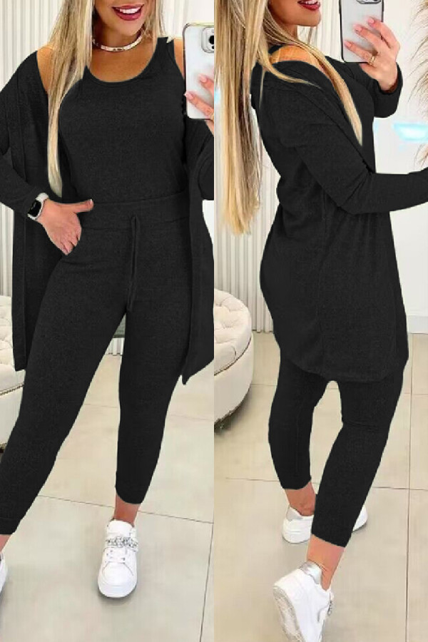 Black Casual Solid Basic O Neck Long Sleeve Three Piece Set