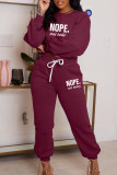 Burgundy Letter Print Basic O Neck Long Sleeve Two Pieces
