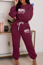 Burgundy Letter Print Basic O Neck Long Sleeve Two Pieces
