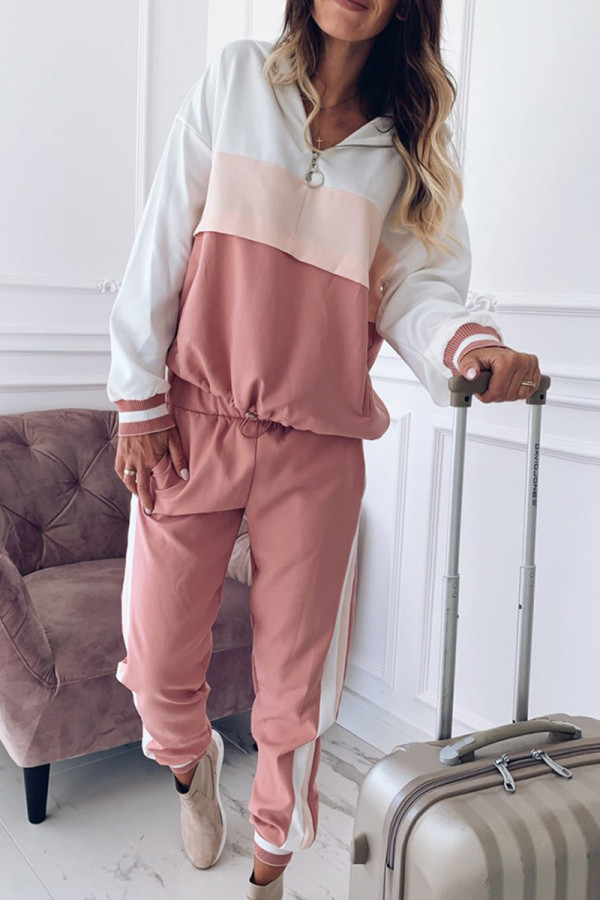 Pink Casual Patchwork Contrast Hooded Collar Long Sleeve Two Pieces