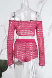 Rose Red Sexy Solid Hollowed Out See-through Off the Shoulder Long Sleeve Two Pieces