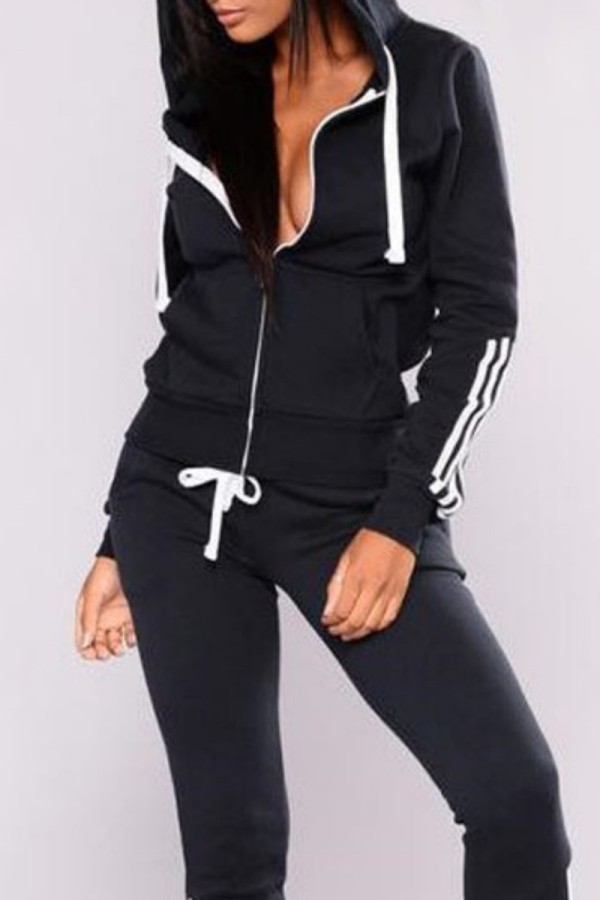 Black Casual Solid Patchwork Hooded Collar Long Sleeve Two Pieces