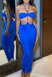 Blue Sexy Solid Backless Halter Strapless Dress Dresses