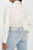 White Casual Solid Tassel Patchwork Turndown Collar Outerwear