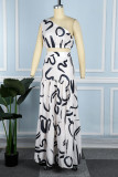 White Casual Print Backless Slit Oblique Collar Sleeveless Two Pieces