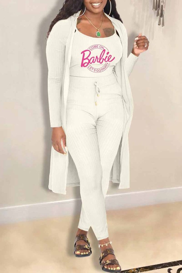 White Casual Print Letter Cardigan Collar Long Sleeve Three Pieces