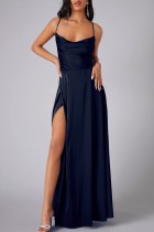 Navy Blue Sexy Casual Solid Backless Cross Straps Slit Spaghetti Strap Long Dress Dresses