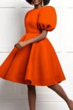 Orange Casual Solid Patchwork O Neck A Line Short Sleeve Dress