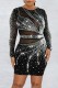 Black Sexy Patchwork Hot Drilling See-through O Neck Long Sleeve Dresses