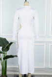 White Sexy Elegant Solid Hollowed Out Patchwork Draw String Asymmetrical O Neck Long Sleeve Dresses