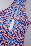 Blue Sexy Print Hollowed Out Backless Halter Sleeveless Dress Dresses