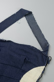 Blue Sexy Color Lump Pocket Cross Straps Contrast Halter Sleeveless Two Pieces