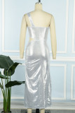 Silver Sexy Solid Hollowed Out Slit Fold Oblique Collar Irregular Dress Dresses
