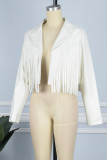 White Casual Solid Tassel Patchwork Turndown Collar Outerwear