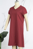 Red Casual Solid Basic V Neck Short Sleeve Dress