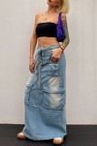 Baby Blue Casual Patchwork Basic Regular High Waist Conventional Patchwork Skirts
