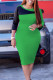 Green Elegant Solid Color Block Patchwork Contrast Zipper O Neck Wrapped Skirt Dresses