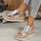 Gold Casual Hollowed Out Patchwork Fish Mouth Out Door Wedges Shoes (Heel Height 1.97in)