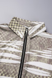 Brown Casual Print Patchwork Zipper Turndown Collar Tops
