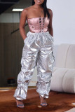 Silver Casual Street Solid Patchwork Pocket Straight High Waist Straight Solid Color Bottoms