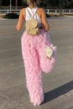 Pink Casual Solid Patchwork Regular High Waist Conventional Solid Color Trousers