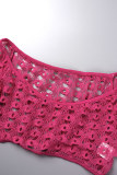 Rose Red Sexy Solid Hollowed Out See-through Off the Shoulder Long Sleeve Two Pieces