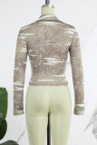 Brown Casual Print Patchwork Zipper Turndown Collar Tops