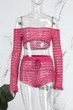 Rose Red Sexy Solid Hollowed Out See-through Off the Shoulder Long Sleeve Two Pieces