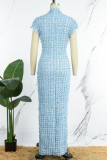 Blue Elegant Solid Patchwork Half A Turtleneck One Step Skirt Dresses