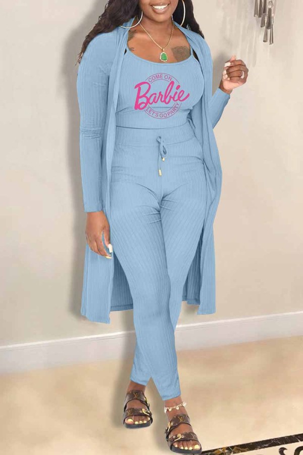 Baby Blue Casual Print Letter Cardigan Collar Long Sleeve Three Pieces