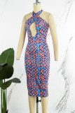 Blue Sexy Print Hollowed Out Backless Halter Sleeveless Dress Dresses